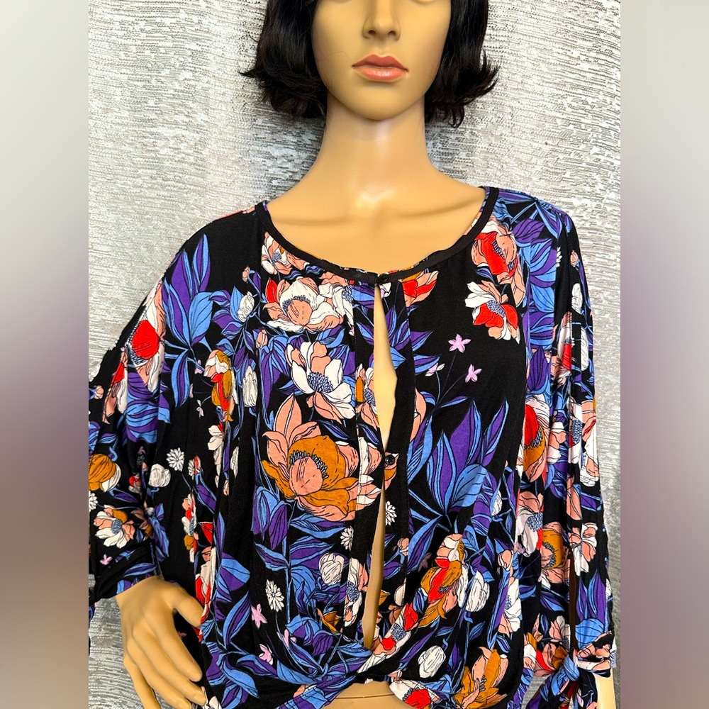 Free People Floral Print Keyhole Tie Sleeve Top